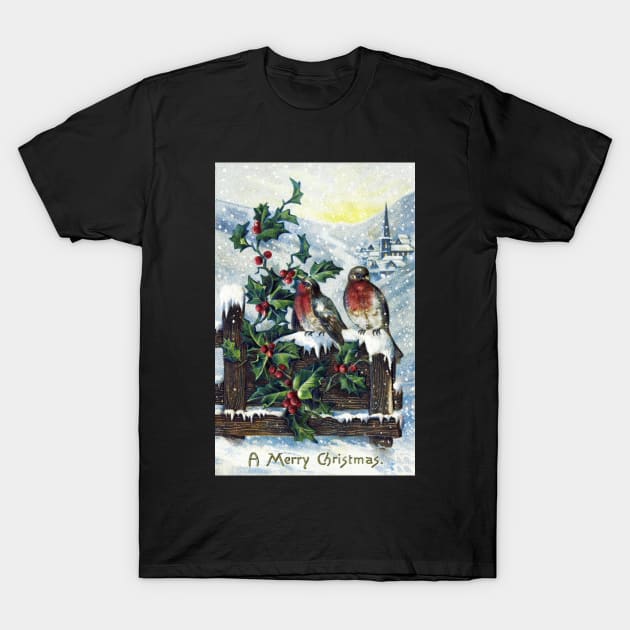 Beautifully Restored Vintage Christmas Card With Birds and Snow, Mistletoe T-Shirt by vintageposterco